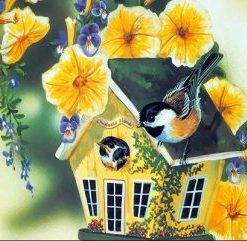 Bird Houses With Yellow Flower Paint By Number