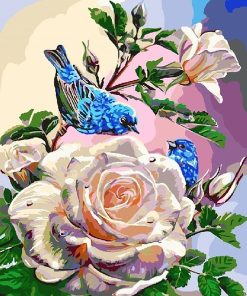 White Rose and Blue Birds  Flowers Paint By Numbers