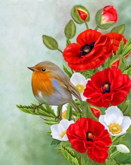 Bird On Poppy Flowers Paint by numbers