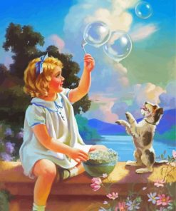 Girl Playing With Bubbles And Dog Paint by Number