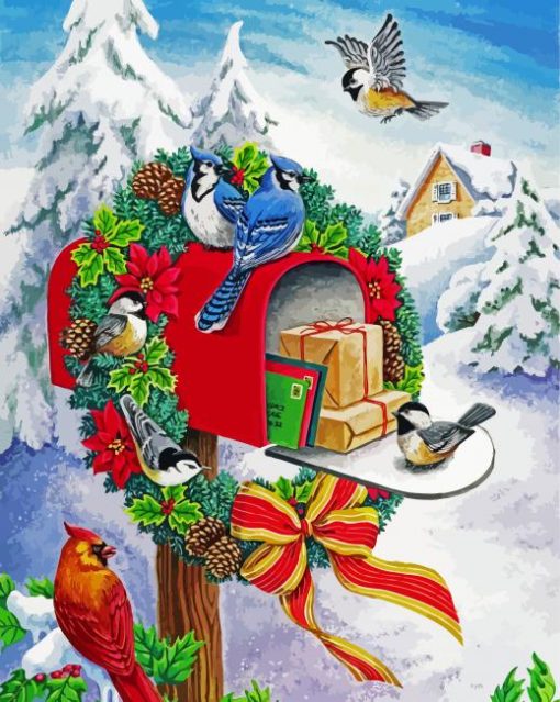 Christmas Mailbox With Birds Paint By Numbe