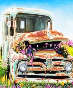 Old Truck And Flowers Illustration Paint By Number