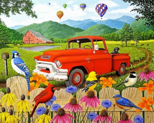 Red Truck And Flowers And Birds Paint By Number