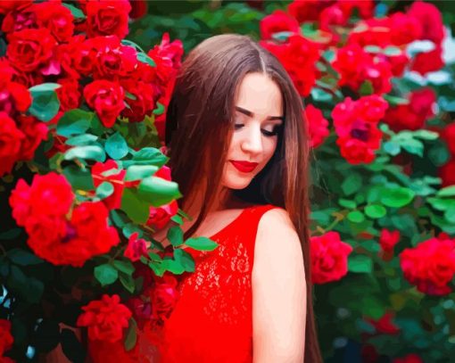 Aesthetic Woman With Red Flowers Paint By Number