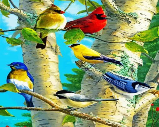 Birds On Birch Trees Paint By Number