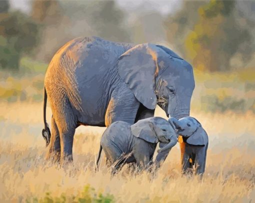 Cute Elephant And Two Babies Paint By Number