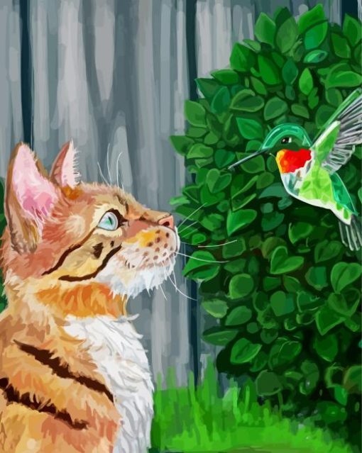 Cute Cat And Hummingbird Paint By Number