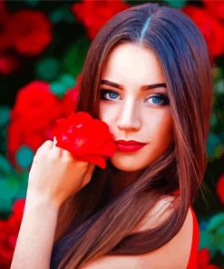 Gorgeous Woman With Red Flowers Paint By Number