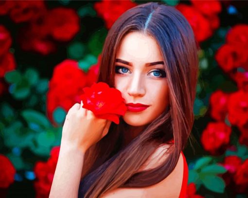 Gorgeous Woman With Red Flowers Paint By Number