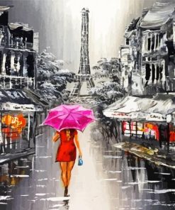 Lady With Umbrella Walking On The Rain In Paris Paint By Number