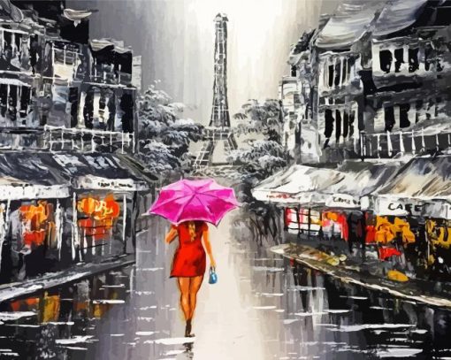 Lady With Umbrella Walking On The Rain In Paris Paint By Number