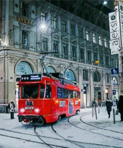 Snowy Night Red Trolley - Paint By NumbersSnowy Night Red Trolley Paint By Number