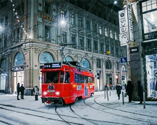 Snowy Night Red Trolley - Paint By NumbersSnowy Night Red Trolley Paint By Number