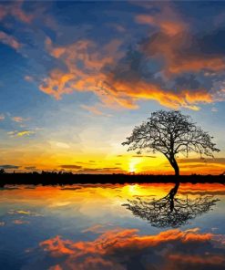 Panorama Beautiful Tree By Water At Sunset Paint By Number