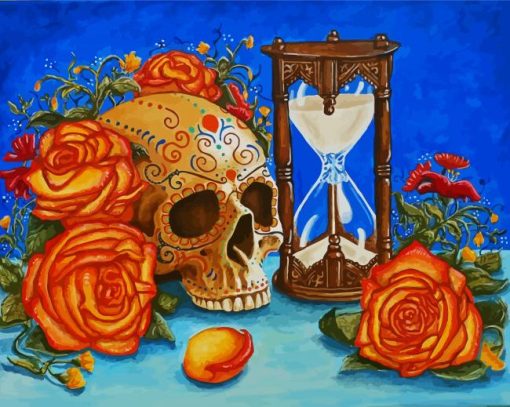 Sand Clock And Skulls And Roses Paint By Number