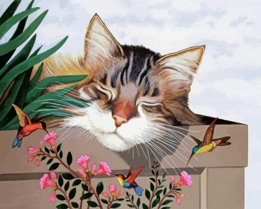 Sleepy Cat And Hummingbird Paint By Number