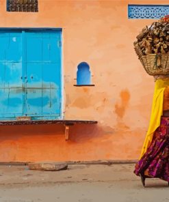 Woman Carrying Basket Of Wood Paint By Number