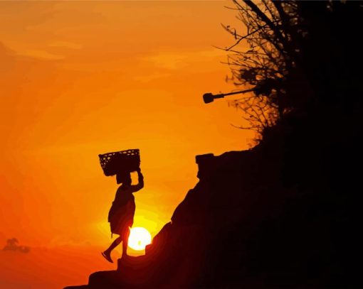 Woman Carrying Basket Silhouette Paint By Number