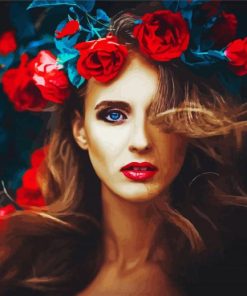 Beautiful Woman With Red Flowers Paint By Number