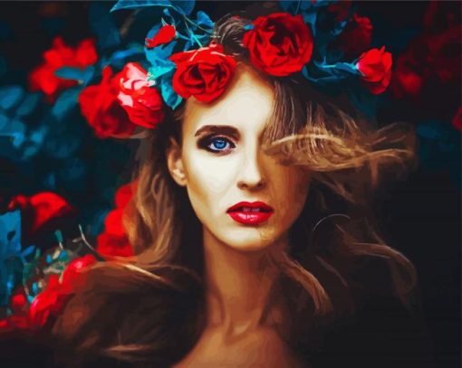 Beautiful Woman With Red Flowers Paint By Number