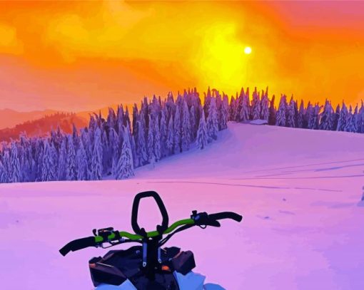 Blue Snowmobile At Sunset Paint By Number