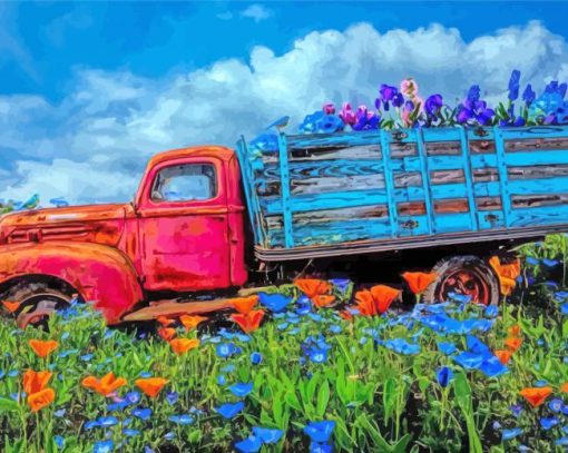 Vintage Old Truck And Flowers Paint By Number