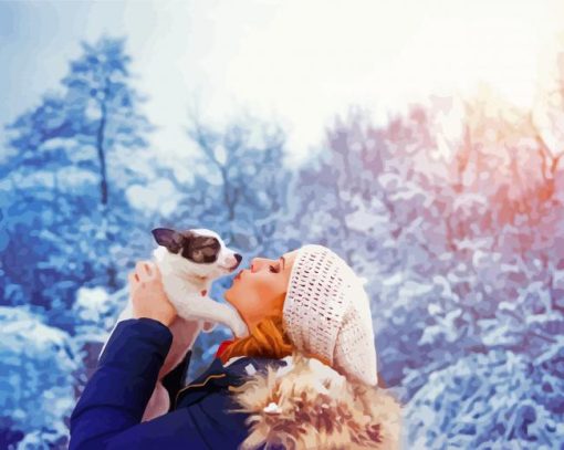 Woman With Dog In Snow Paint By Number