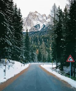 Forest Road To A Mountain In Winter Paint By Number