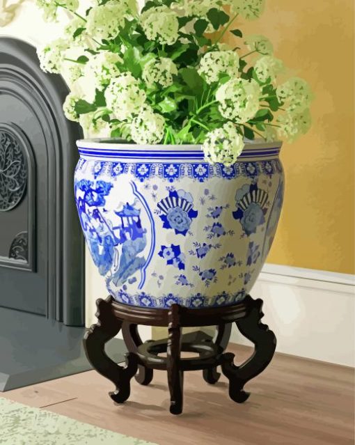 White Flowers In Chinese Pot Paint By Number