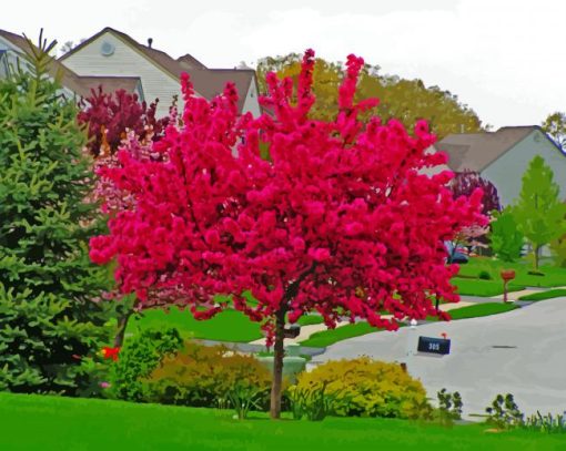 Dark Pink Flowers Trees paint by numbers