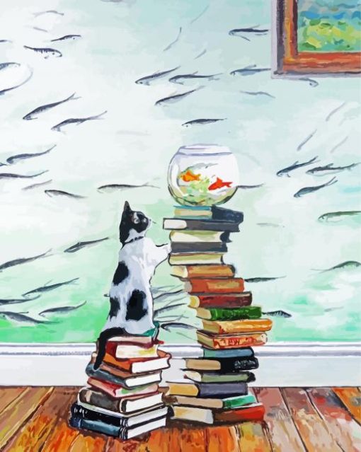 Cat And Fish With Books Paint By Number