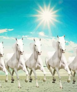 White Seven Running Horses At Sunrise Paint By Number