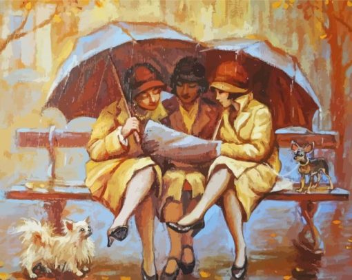 Three Women In Rain With Umbrellas Paint By Numbers