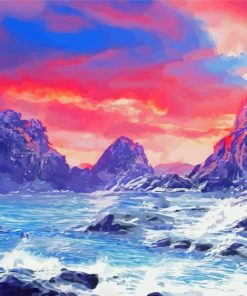 Pink Sunset With Mountain And Waves Art Paint By Numbers