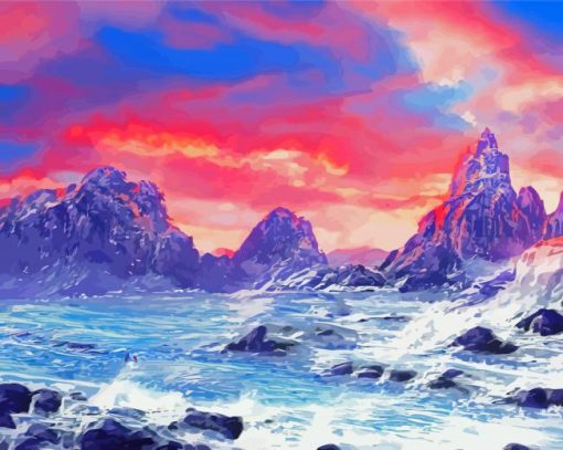 Pink Sunset With Mountain And Waves Art Paint By Numbers