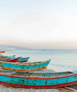 Row Of Wood Boats On Beach Art Paint By Numbers