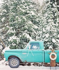 Teal Truck In Snow Paint By Numbers