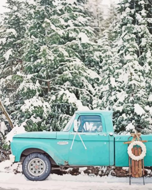 Teal Truck In Snow Paint By Numbers