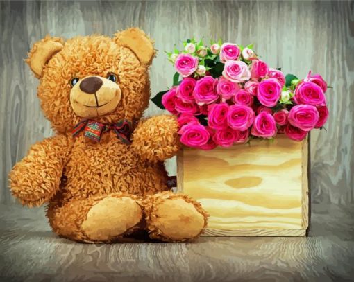 Aesthetic Brown Teddy Bear With Flowers Paint By Number