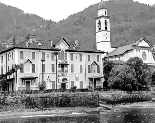 Black And White Italian Villa On The Lake Paint By Number