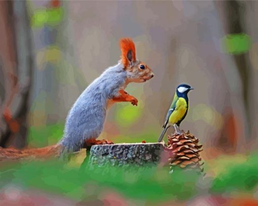 Tit And Red Squirrel In Forest Paint By Number