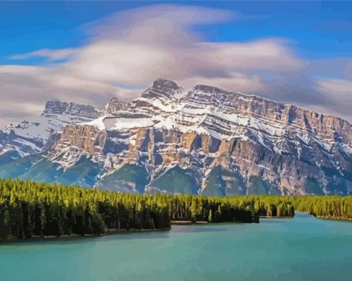 Two Jack Lake With Snowy Mountains Paint By Number