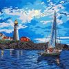 Lighthouse And Sailboat At Night Paint By Numbers