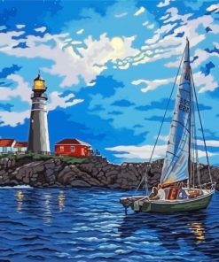 Lighthouse And Sailboat At Night Paint By Numbers