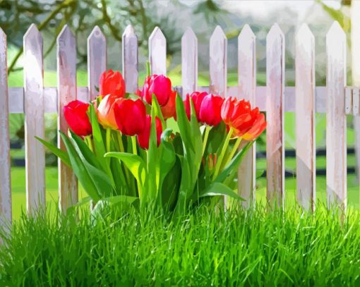 Red Flowers And Fence Paint By Numbers