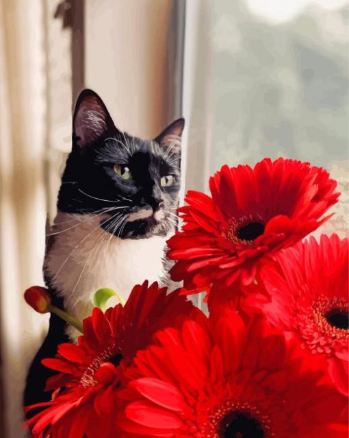 Black Cat With Red Flower Paint By Numbers