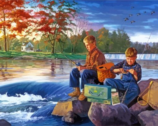 Friends Fishing In River Paint By Numbers