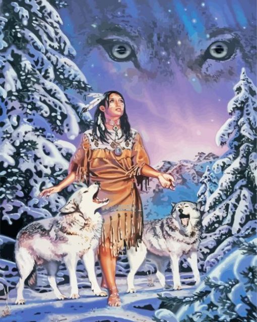 Indian Woman And Wolves In Snow Paint By Numbers